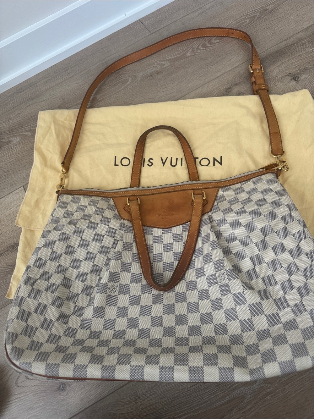 Louis Vuitton Siracusa GM bag
Damier Azur Check Tote with Tan Leather - Picture 6 of 11
